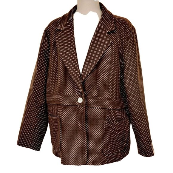 Dialogue Mini Dot Jacket Blazer Sz 2X Brown & White Lined Single Button Pockets - Picture 1 of 7
